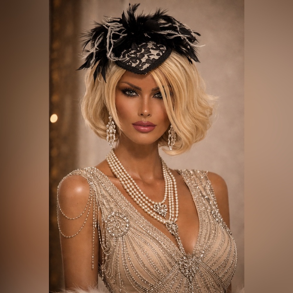 Chic Black and White Lace Feathered Headpiece Fascinator Hat Hatinator